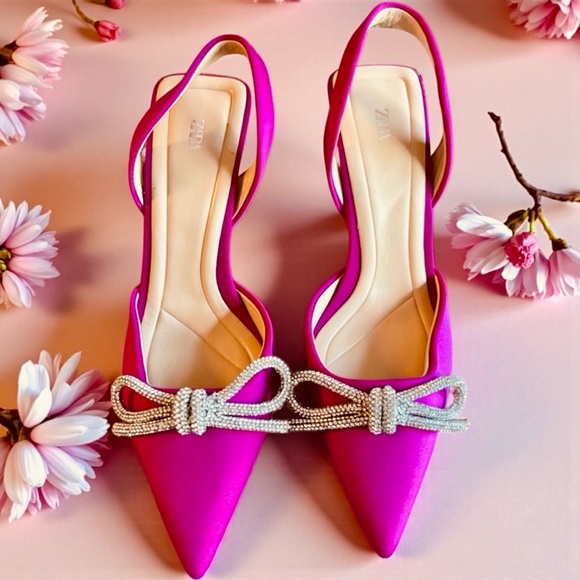 Shoes - Zara jewel rhinestone bow slingbacks Kitten heel shoes sz 39/ US 8 NWOB Fuchsia